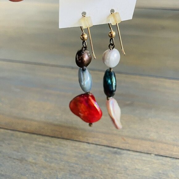 Hand Made Gemstone & Sea Stone Enamel Dangle Art Jewelry Earrings (D6) - Picture 8 of 8